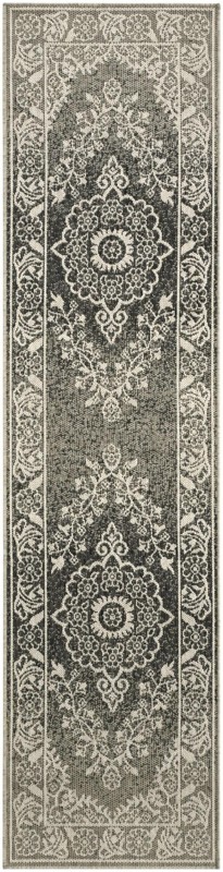 2' x 8' Honeysuckle · Border Outdoor Rug, black and white