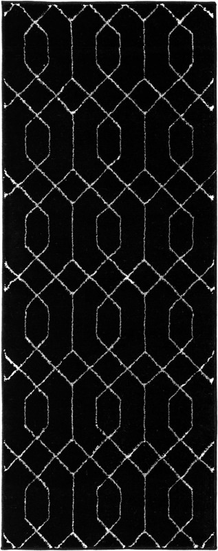 2' x 5' Cowley · Geometric trellis rug, black and silver