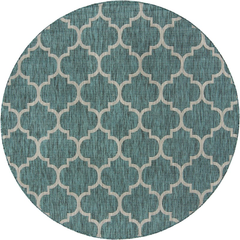 7' 10 x 7' 10 Fanshawe · Lattice Outdoor Rug, teal and gray