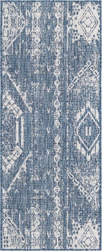 2' x 5' 3 Wildman · Tribal geometric Outdoor Rug, blue and ivory