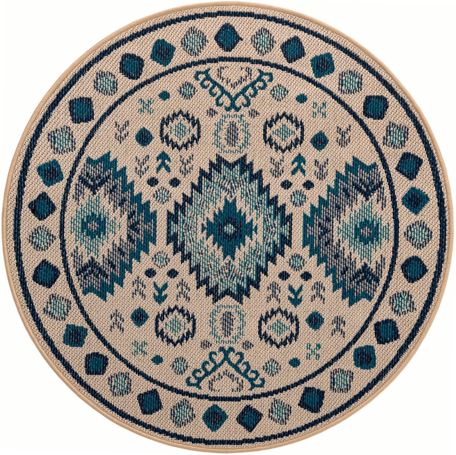 4' x 4' Whitfield · Geometric tribal Outdoor Rug, beige and blue