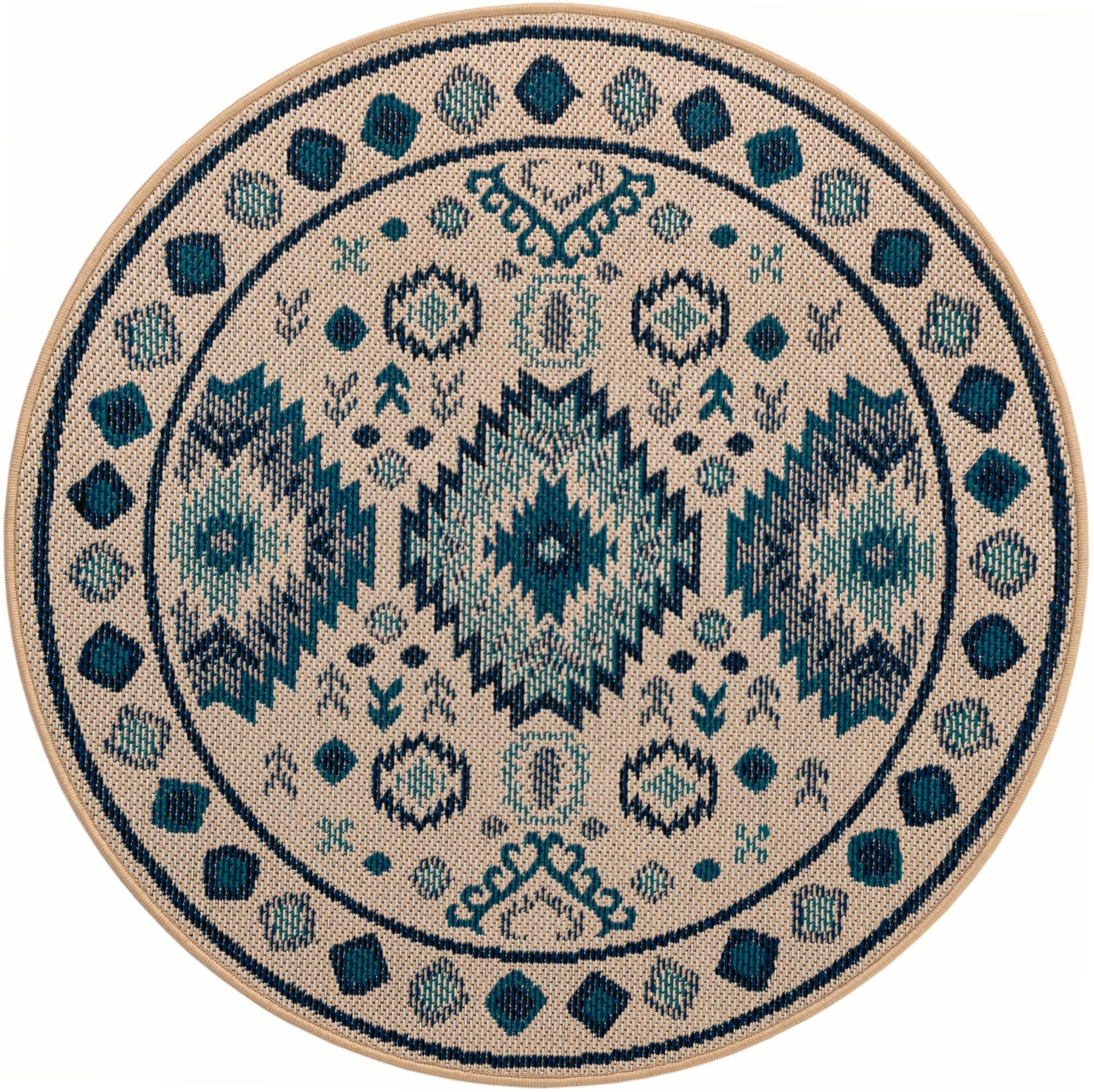 4' x 4' Whitfield · Geometric tribal Outdoor Rug, beige and blue