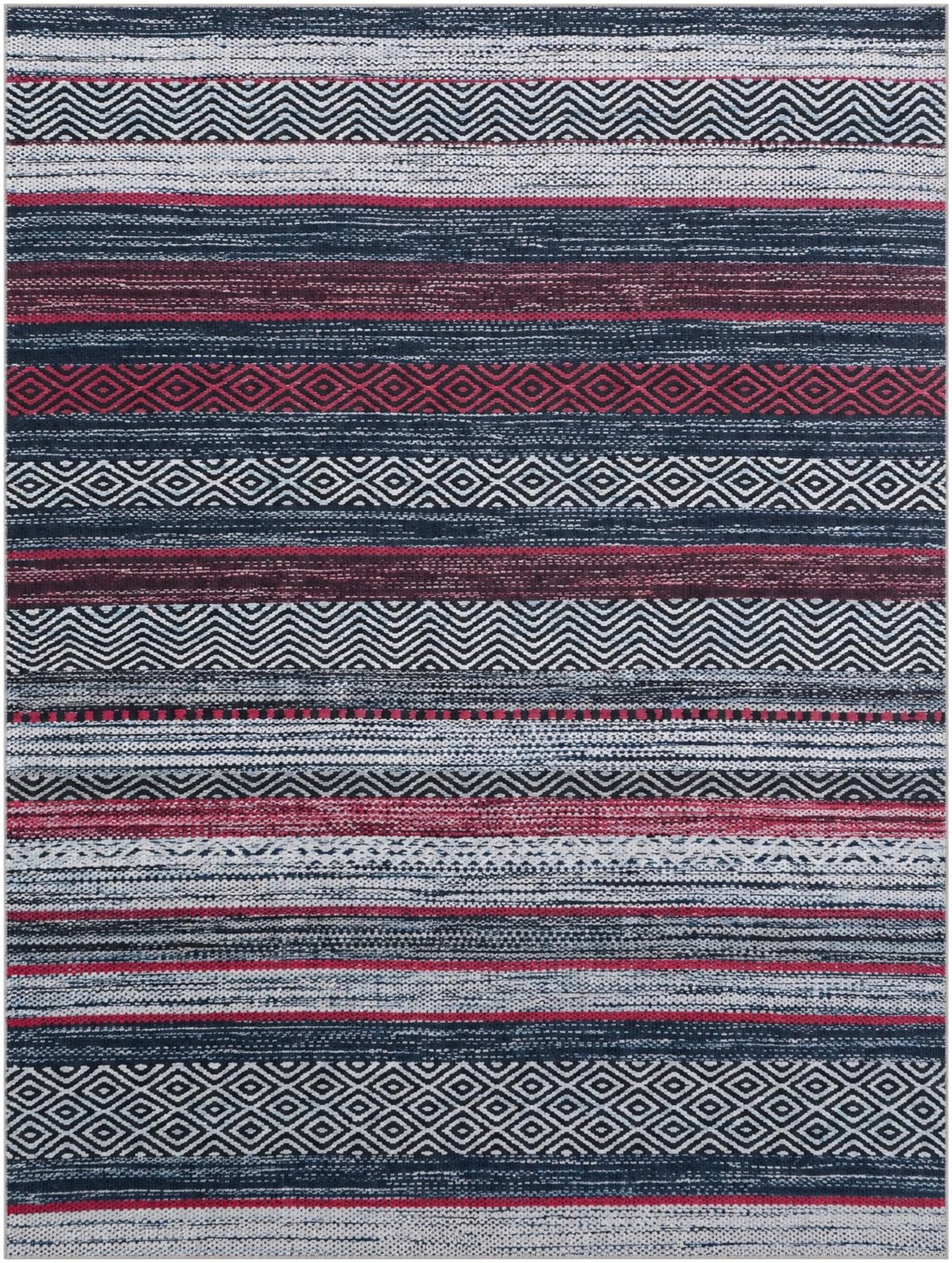 9' x 12' Pagosa · Striped geometric rug, navy and red