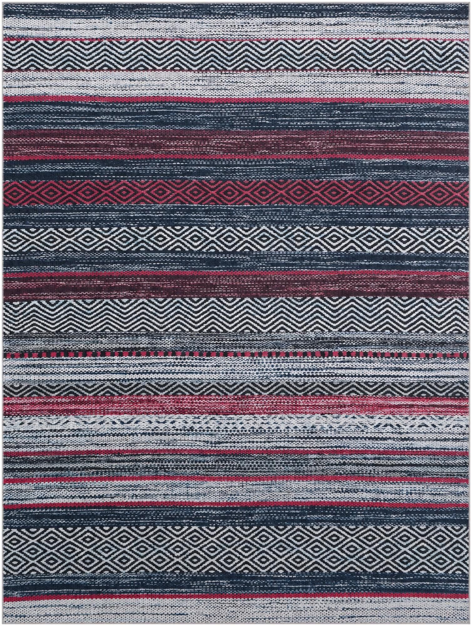 9' x 12' Pagosa · Striped geometric rug, navy and red