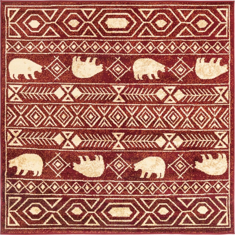 5' 3 x 5' 3 Raven · Border rug, red