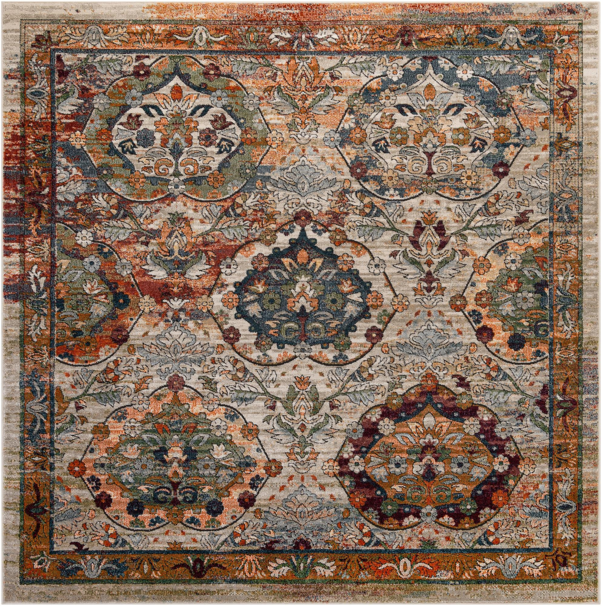 8' x 8' Kirby · Medallion rug, multi and orange