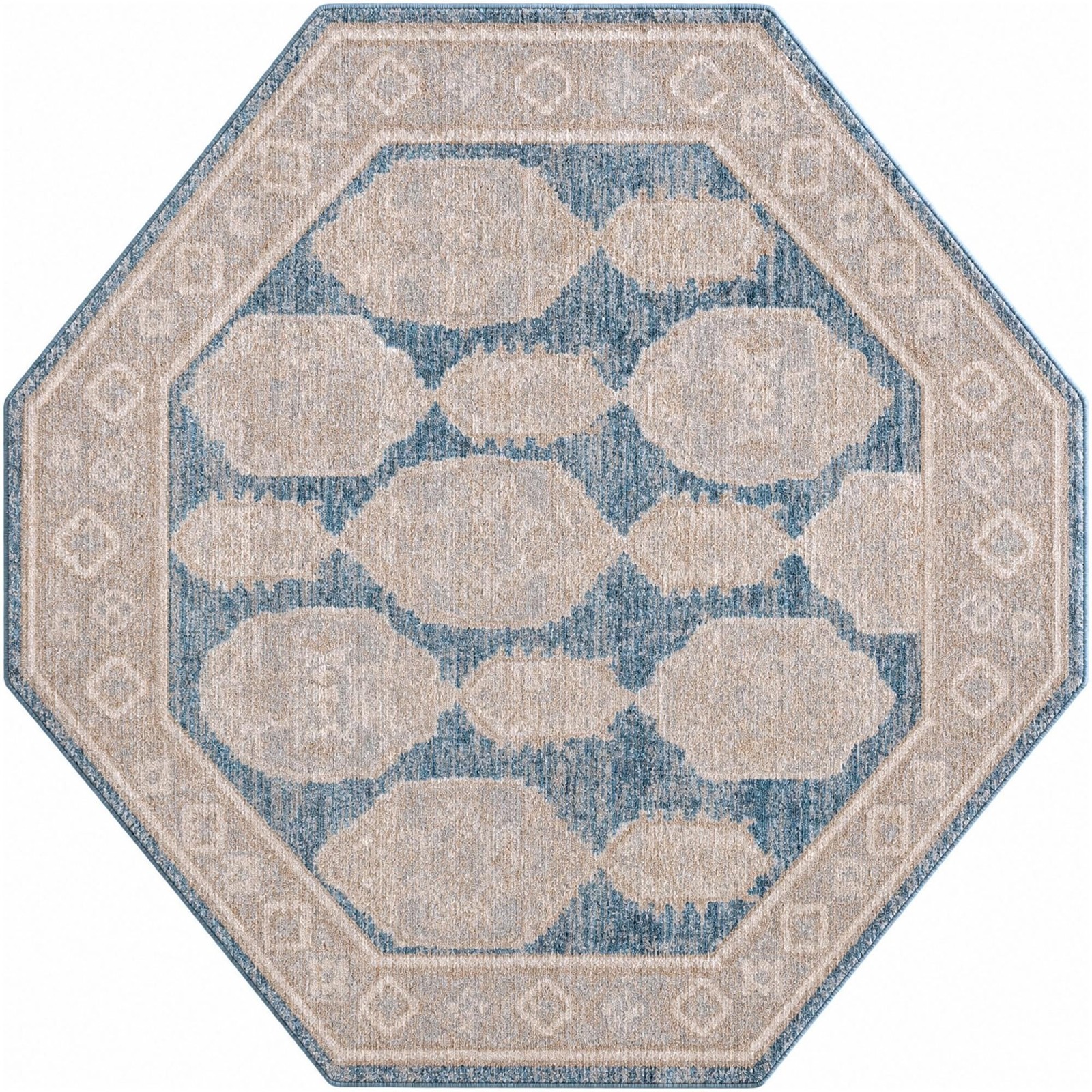 5' x 5' Pullman · Distressed medallion rug, blue and beige