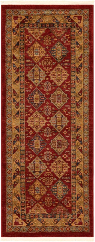 2' 7 x 7' Spearfish · Geometric diamond rug, red and brown