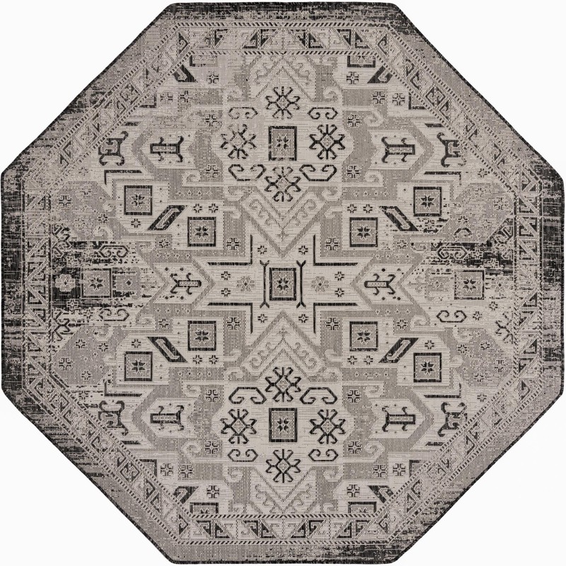 7' 10 x 7' 10 Estuary · Geometric medallion Outdoor Rug, charcoal and ivory