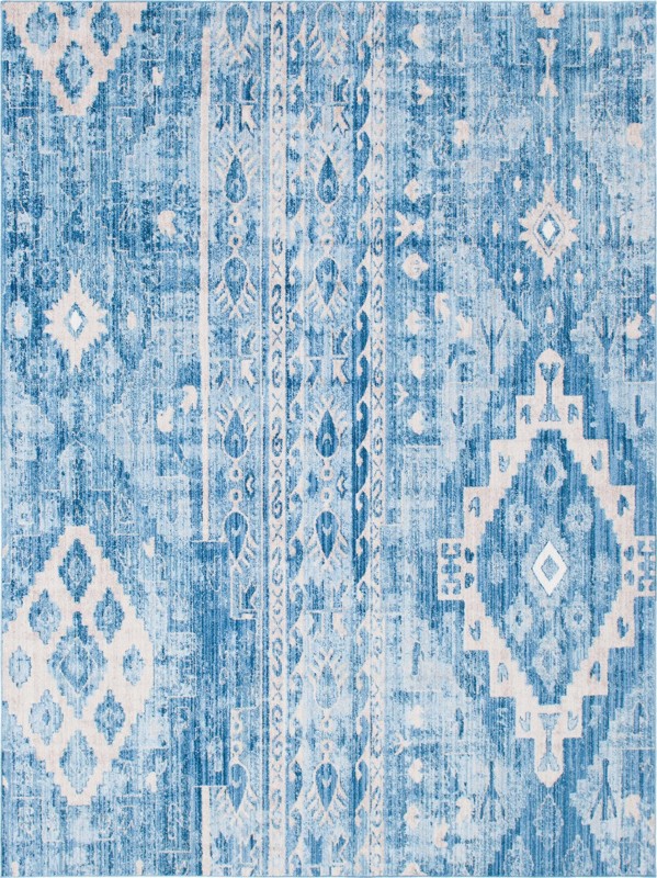 9' x 12' 2 Quinn · Distressed diamond rug, blue and beige