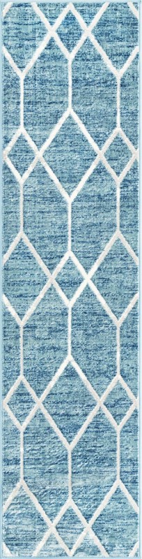 2' x 8' Thatcher · Geometric trellis rug, blue and ivory