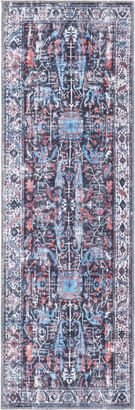 2' x 6' Redfern · Distressed medallion Washable Rug, black and blue