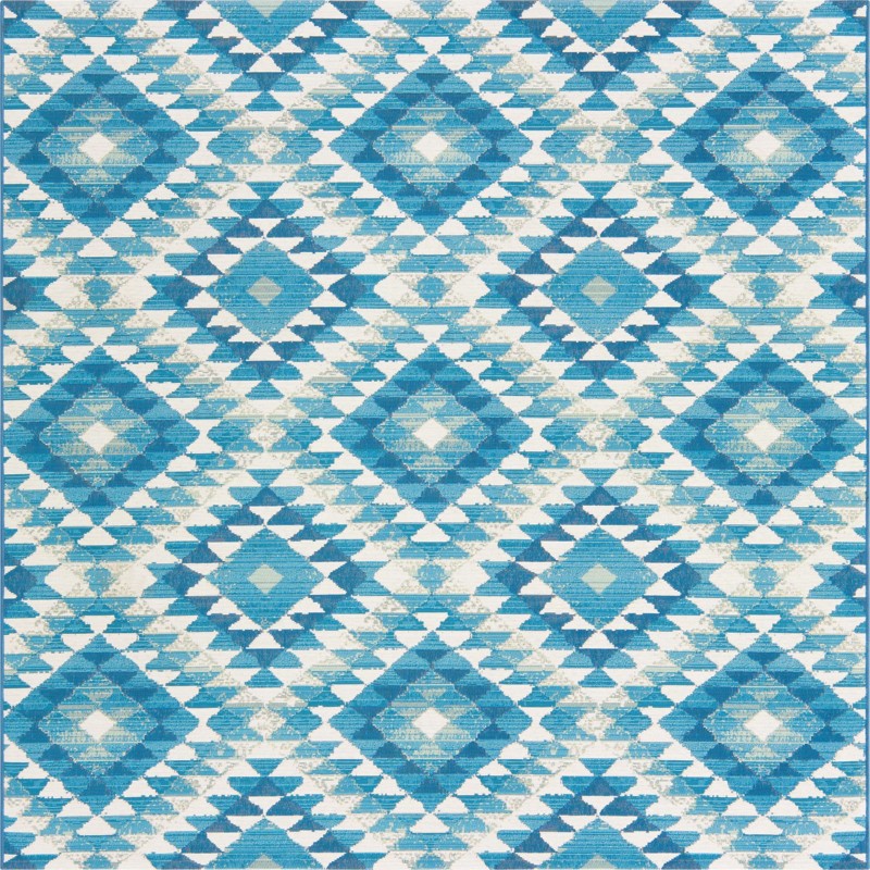6' x 6' Lomax · Geometric diamond Outdoor Rug, blue and ivory