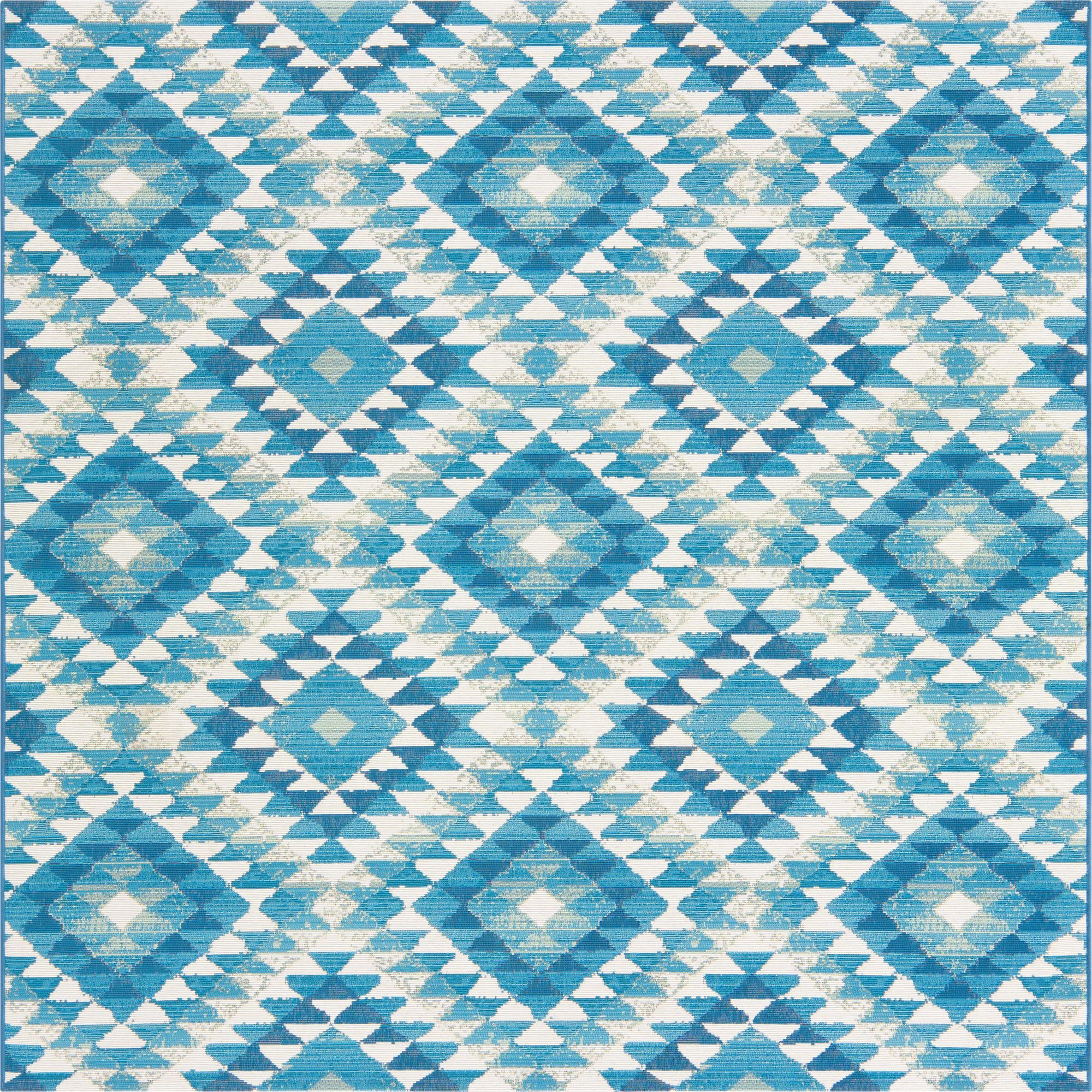 6' x 6' Lomax · Geometric diamond Outdoor Rug, blue and ivory