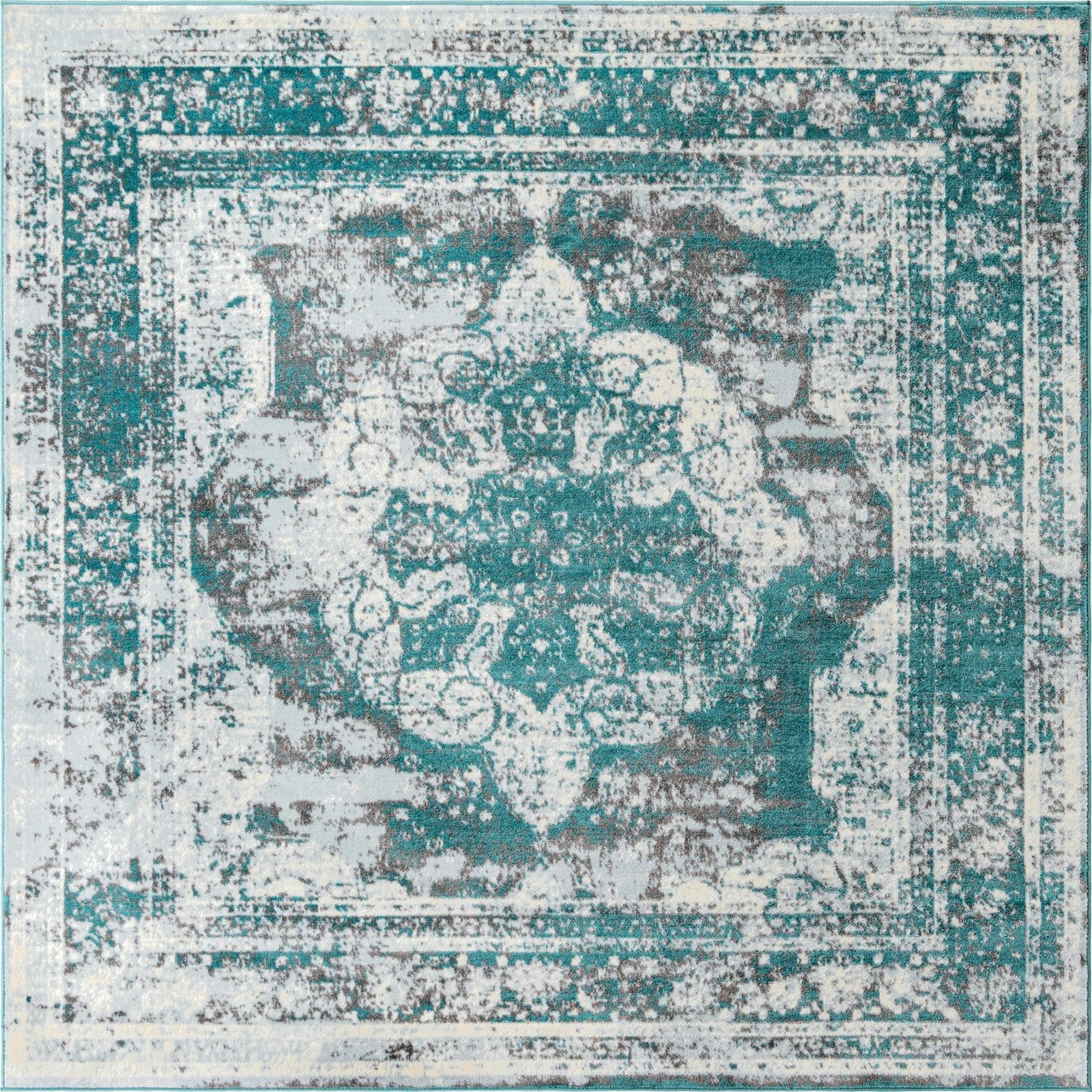7' 10 x 7' 10 Blakemore · Distressed medallion rug, turquoise and ivory
