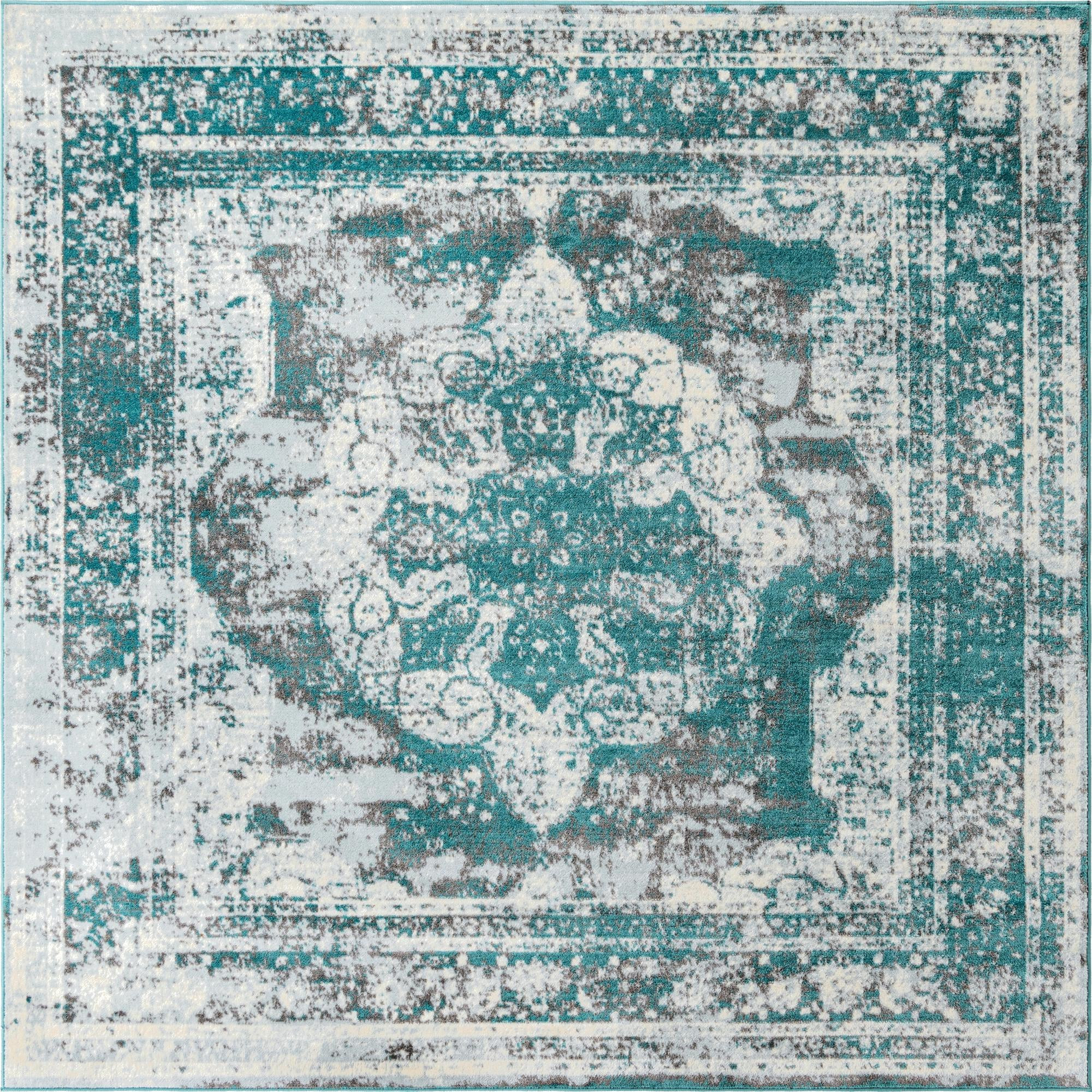 7' 10 x 7' 10 Blakemore · Distressed medallion rug, turquoise and ivory