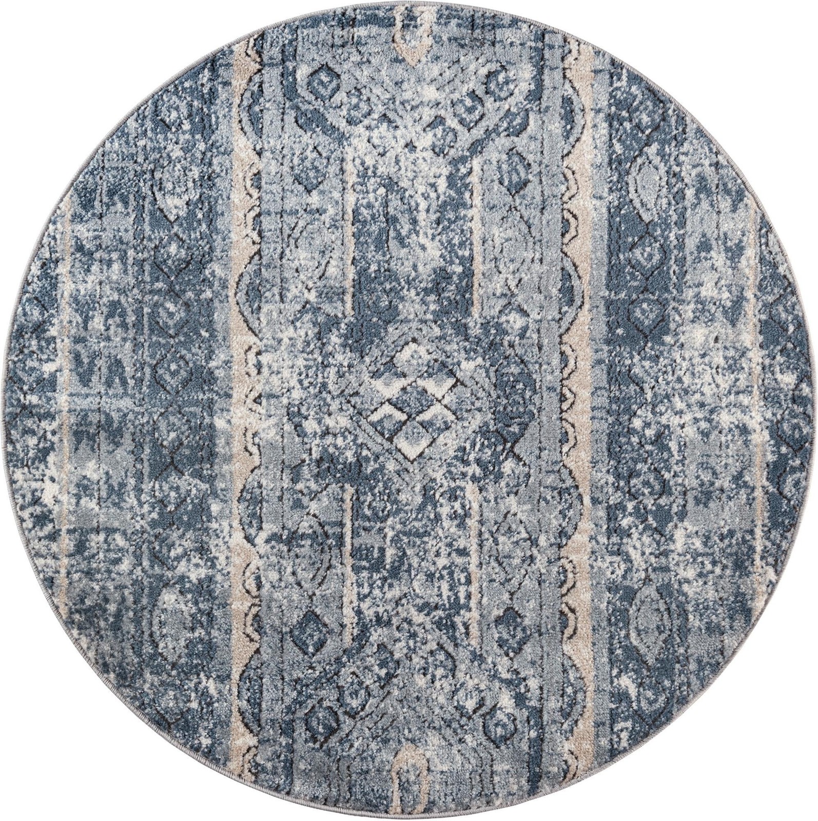 3' x 3' Grouse · Distressed striped rug, blue and beige