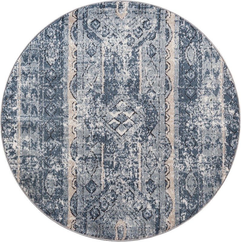 3' x 3' Grouse · Distressed striped rug, blue and beige