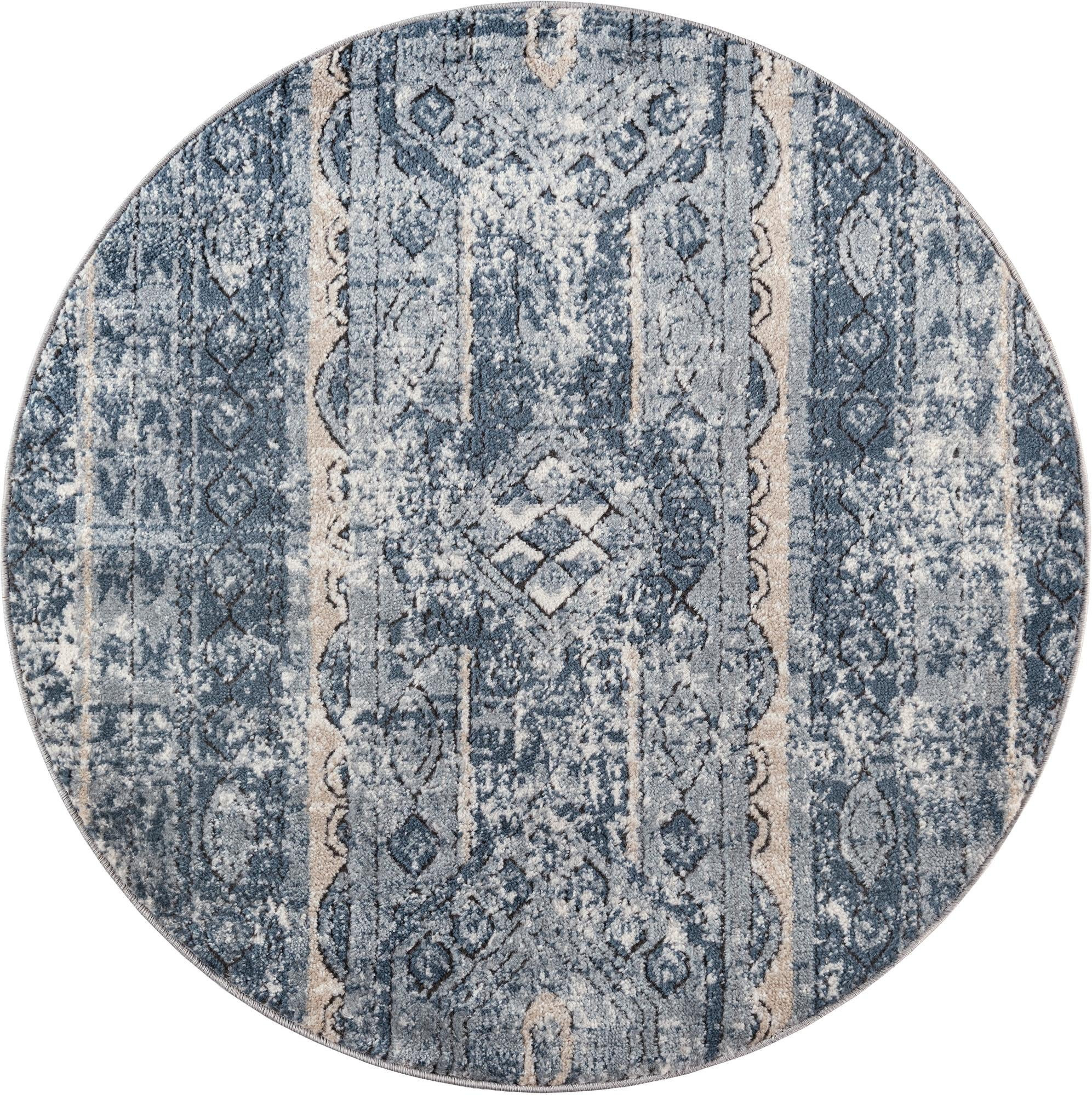 3' x 3' Grouse · Distressed striped rug, blue and beige