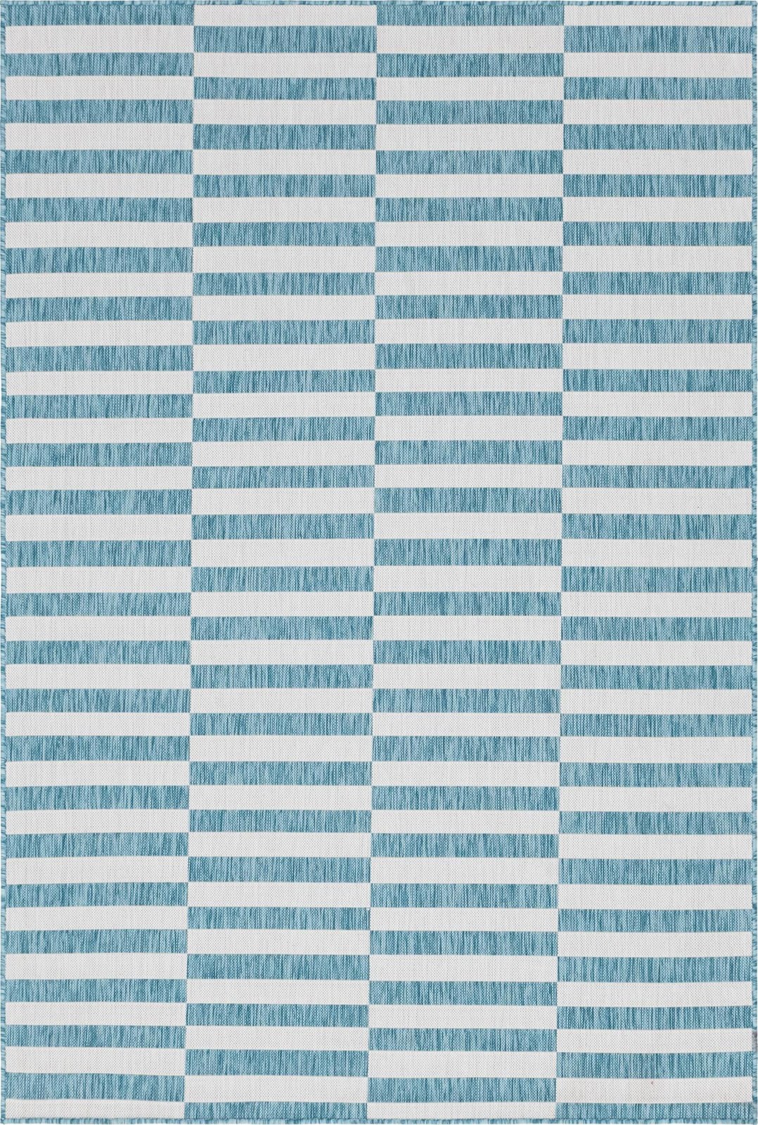 6' x 9' Ainsley · Geometric striped Outdoor Rug, aqua and ivory