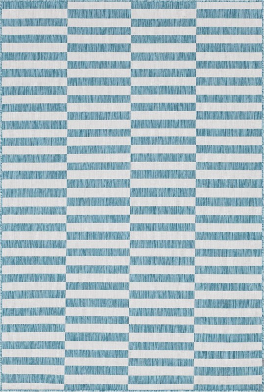6' x 9' Ainsley · Geometric striped Outdoor Rug, aqua and ivory