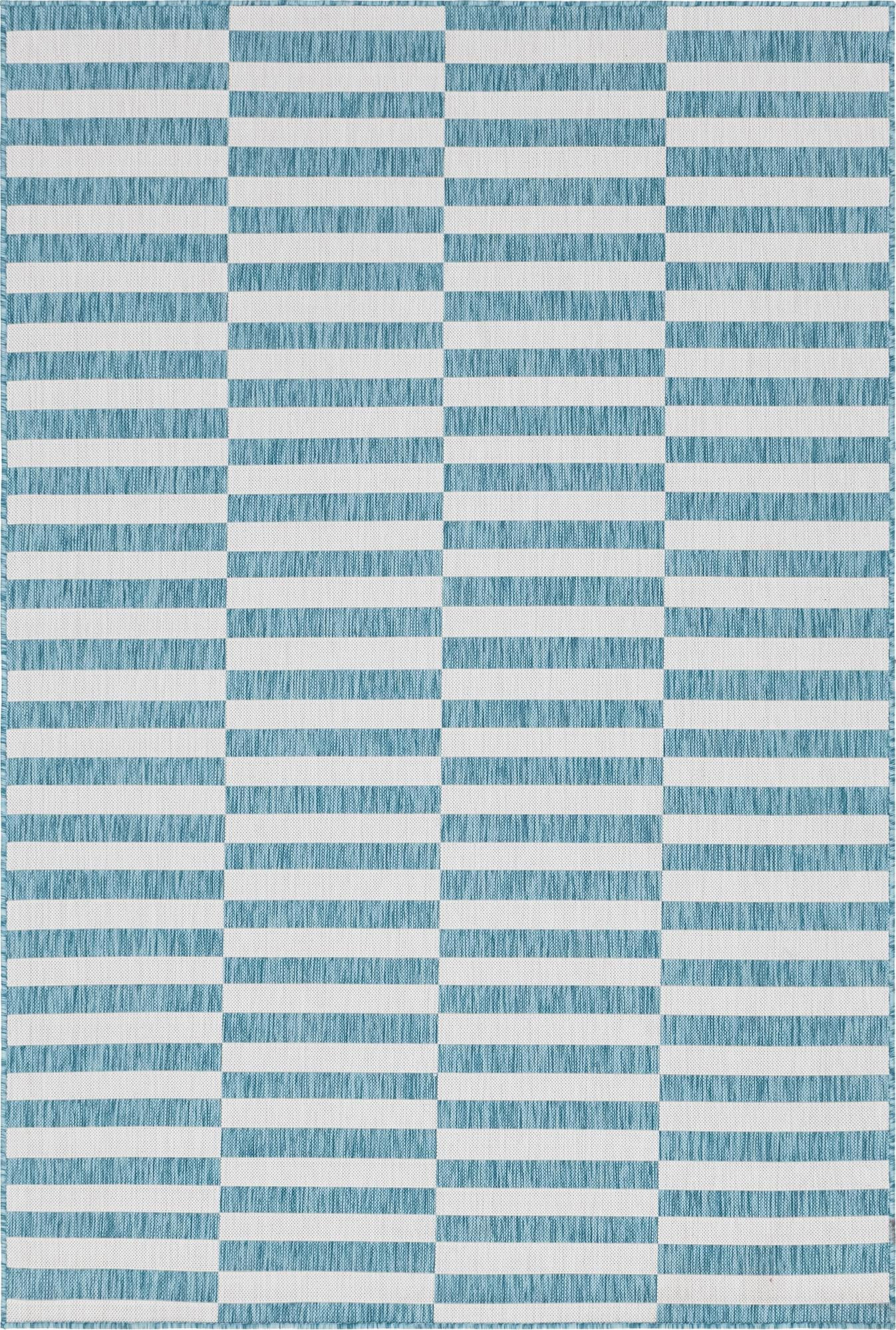 6' x 9' Ainsley · Geometric striped Outdoor Rug, aqua and ivory