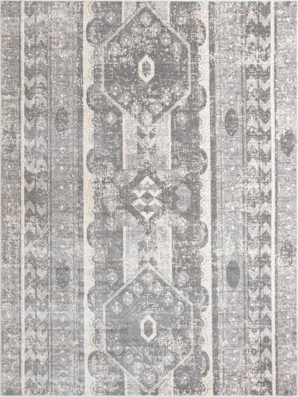 9' x 12' Grouse · Geometric tribal rug, gray and ivory