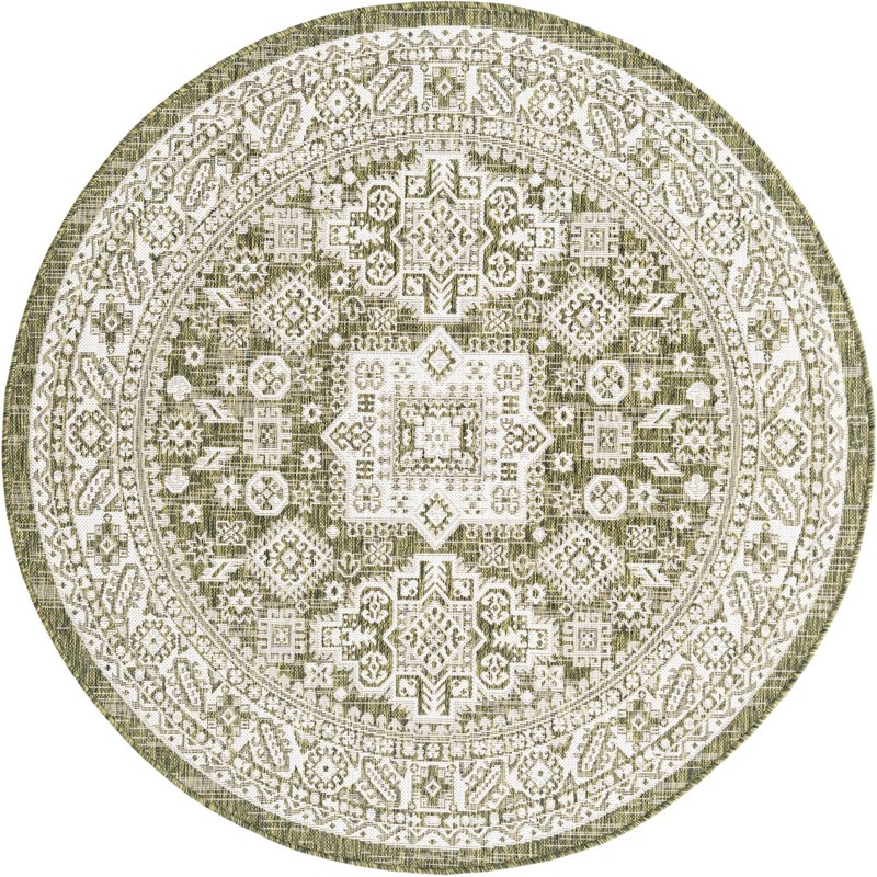 5' 3 x 5' 3 Bellamy · Geometric medallion Outdoor Rug, green and ivory