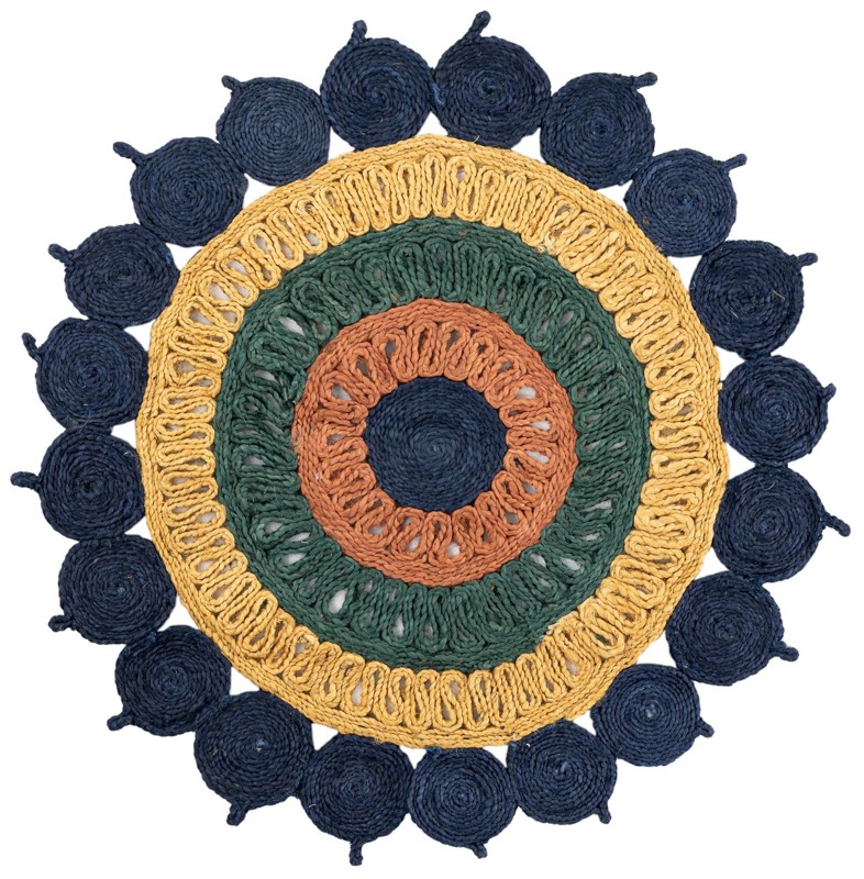 3' 1 x 3' 1 Anise · Floral / botanical Braided Jute Rug, navy blue yellow green