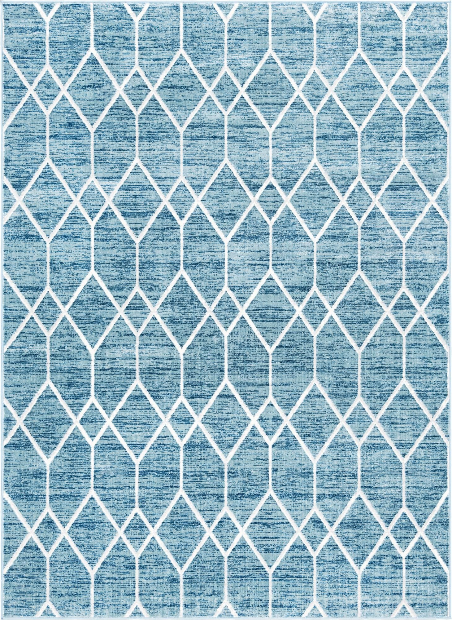 7' x 10' Thatcher · Geometric trellis rug, blue and ivory