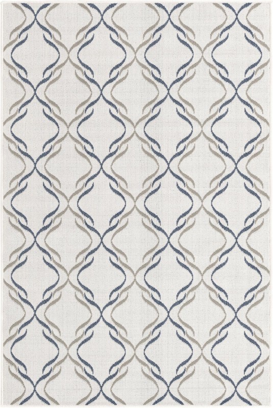 4' x 6' Comstock · Lattice Outdoor Rug, ivory, blue, and gray