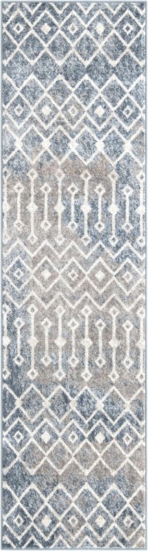 2' 7 x 10' Eugene · Geometric trellis rug, blue and ivory