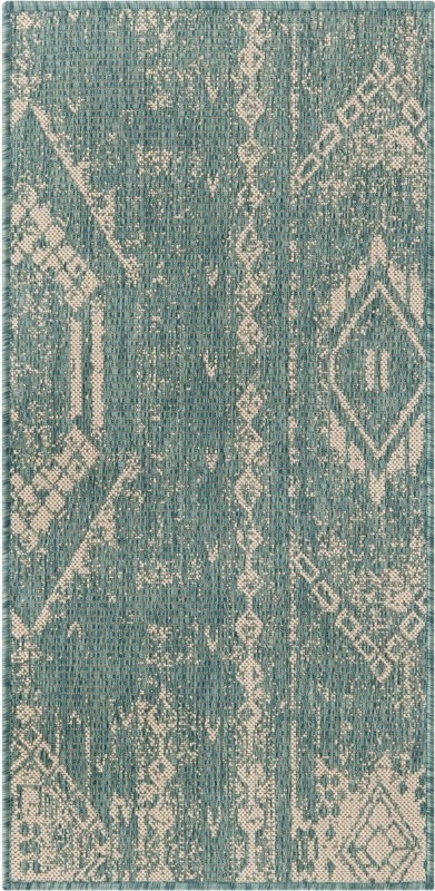 2' x 4' Wildman · Tribal geometric Outdoor Rug, aqua and ivory