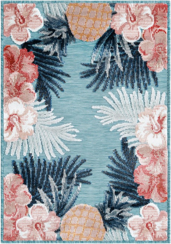 2' 2 x 3' Kirwan · Tropical floral Outdoor Rug, blue and pink