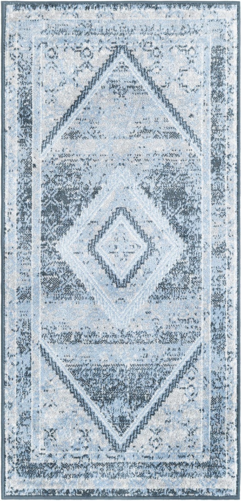 2' x 4' Redwing · Diamond runner Washable Rug, blue and ivory