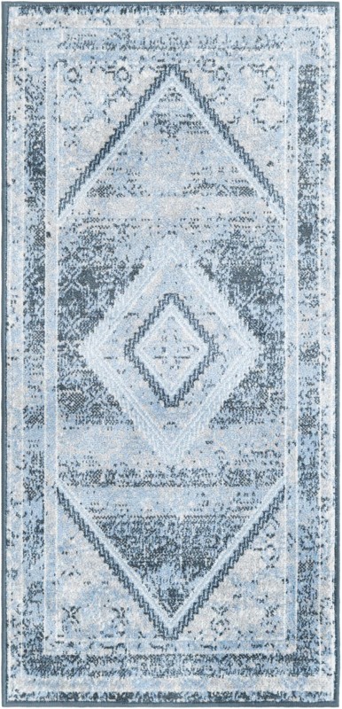 2' x 4' Redwing · Diamond runner Washable Rug, blue and ivory