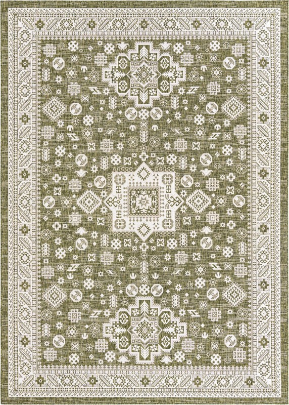 10' x 14' Bellamy · Geometric medallion Outdoor Rug, green and ivory