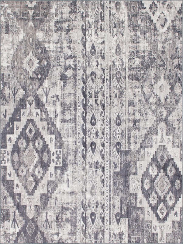 9' x 12' 2 Quinn · Distressed tribal rug, gray and ivory