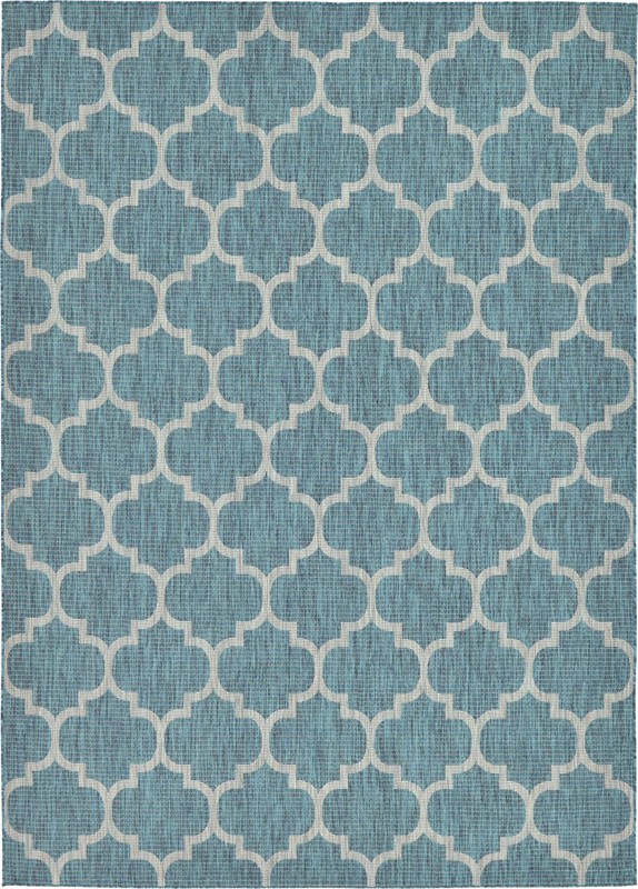 7' 10 x 11' Fanshawe · Lattice Outdoor Rug, teal and gray