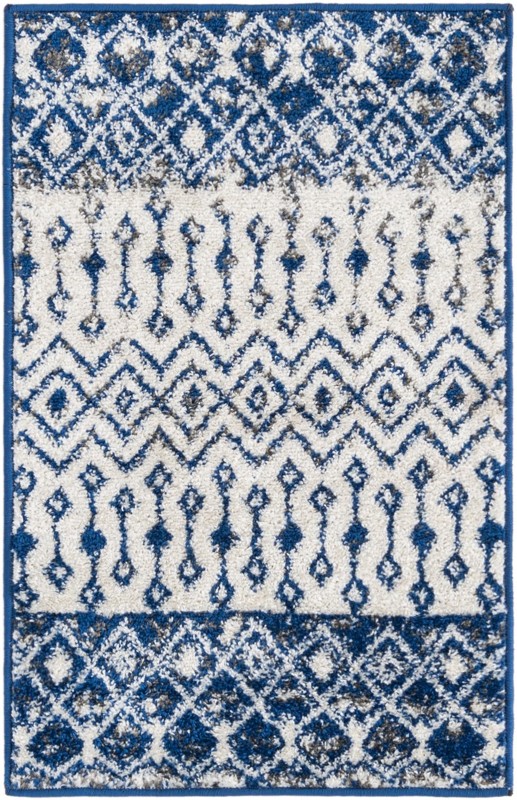 2' x 3' Vernon · Tribal geometric rug, blue and ivory