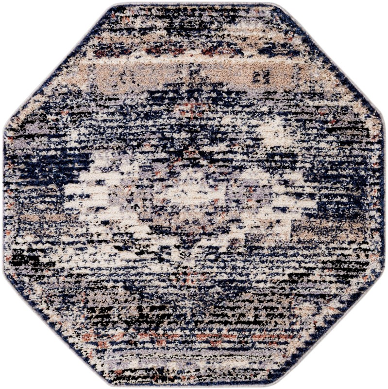 4' x 4' Burton · Distressed medallion rug, blue and beige