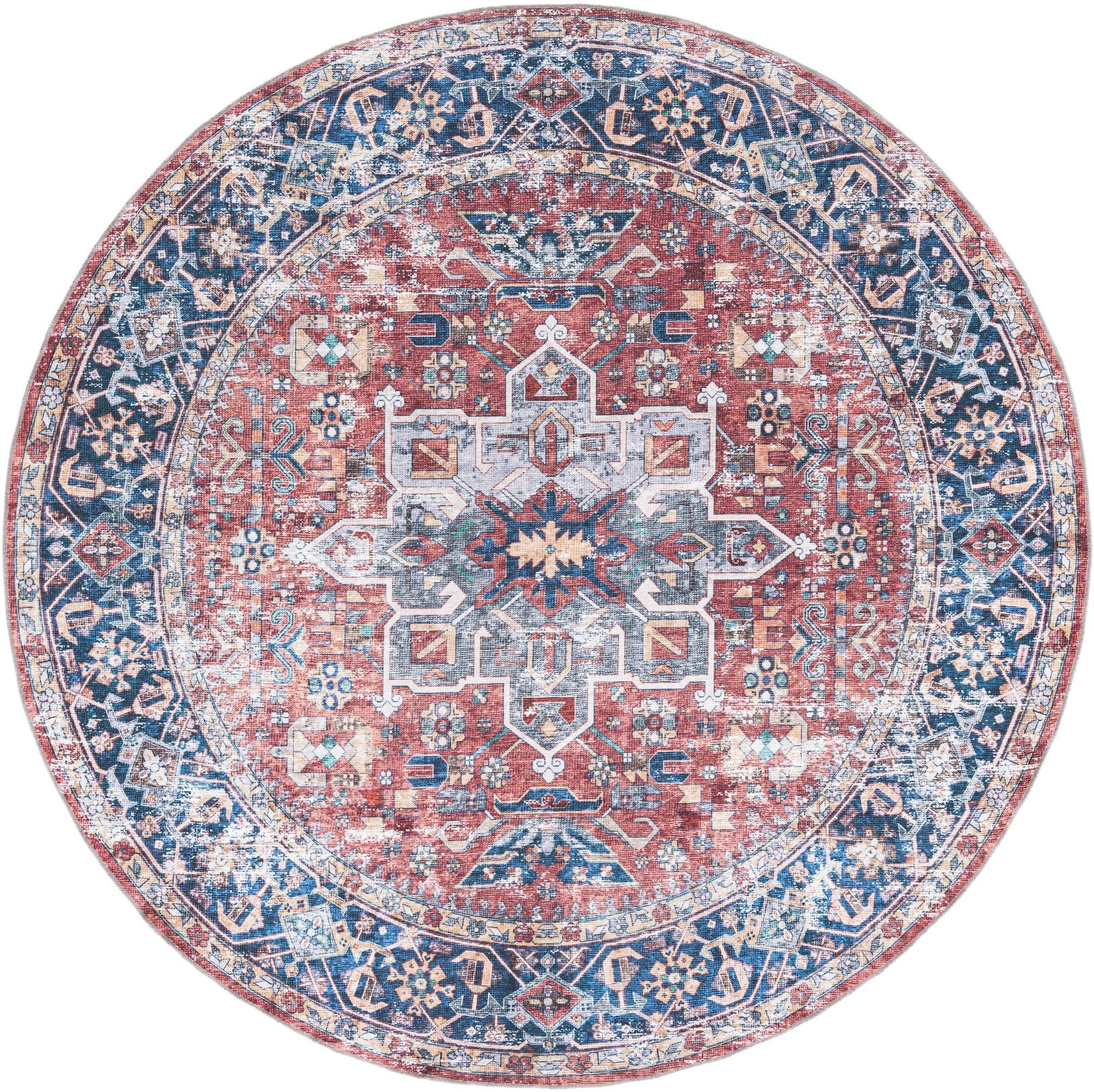 7' 10 x 7' 10 Tatlock · Distressed medallion Washable Rug, rust and blue