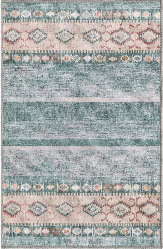 Dalton · Tribal striped Washable Rug, green and beige