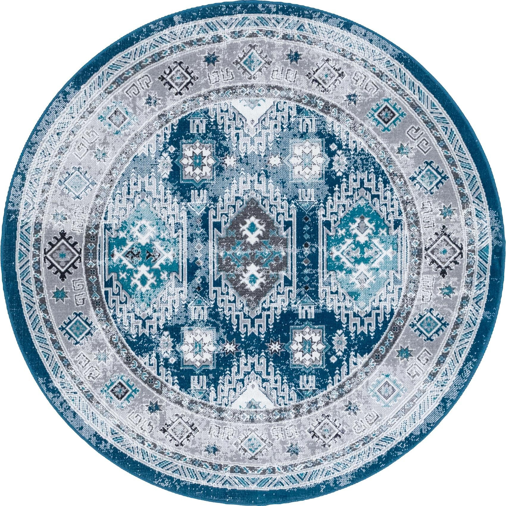 5' x 5' Wells · Geometric round rug, blue and gray