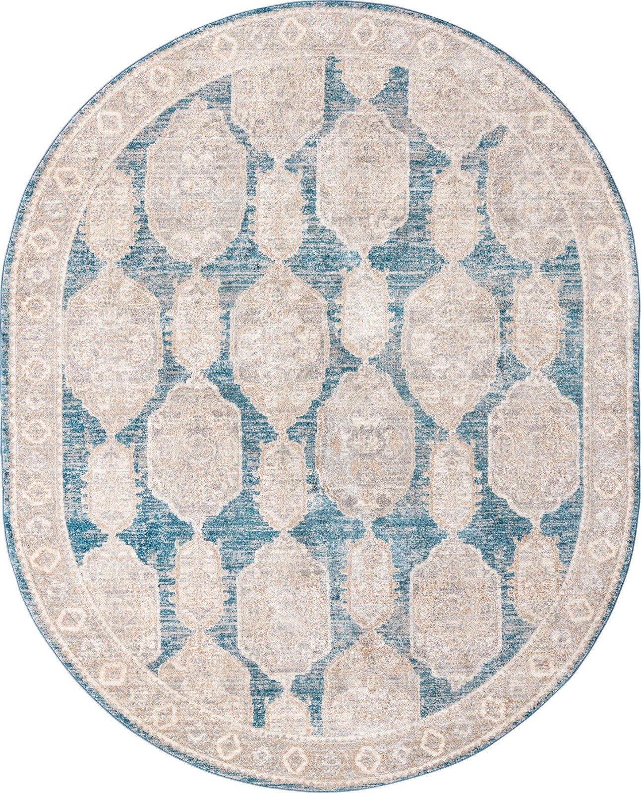 7' 10 x 10' 2 Pullman · Distressed medallion rug, blue and beige