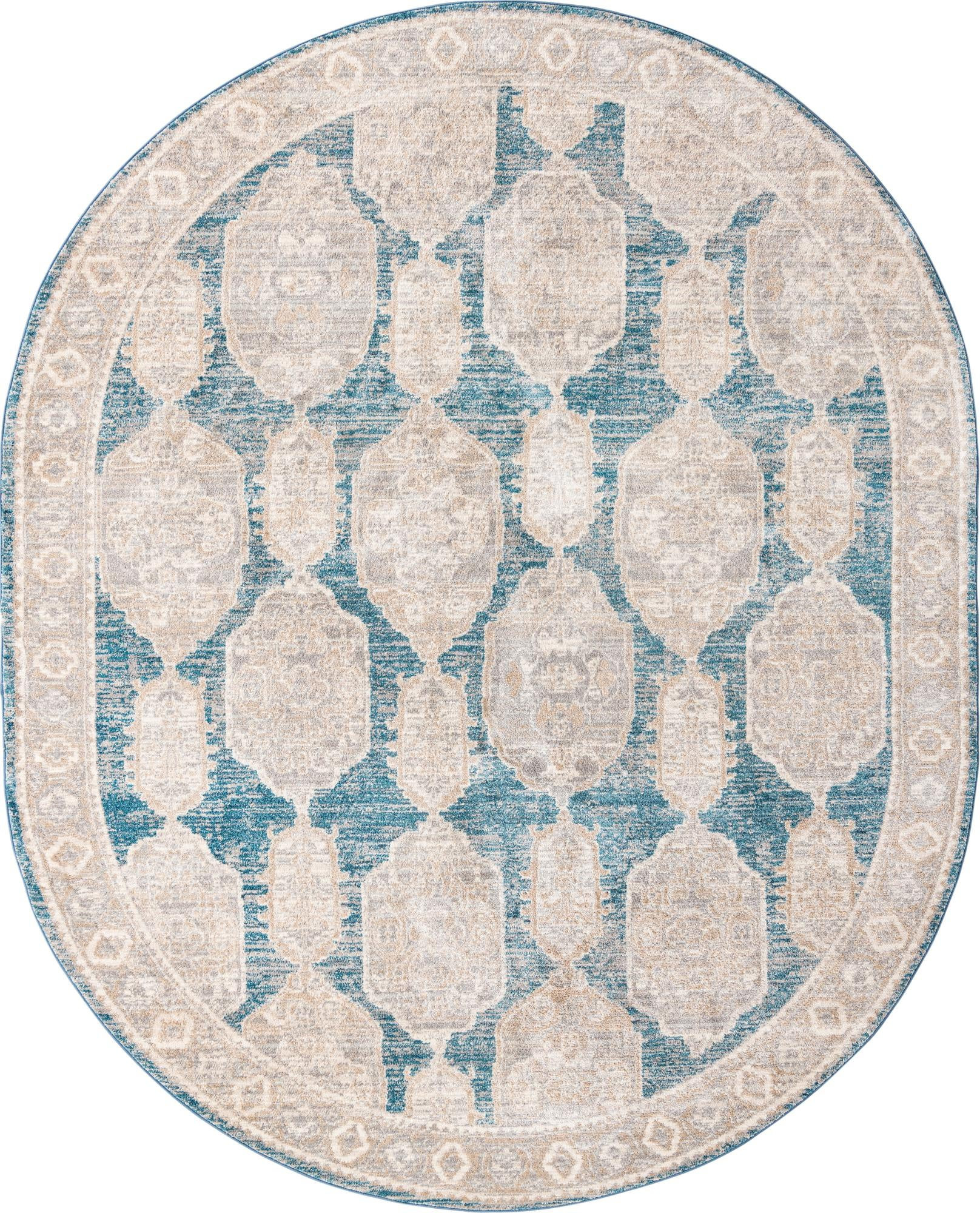 7' 10 x 10' 2 Pullman · Distressed medallion rug, blue and beige