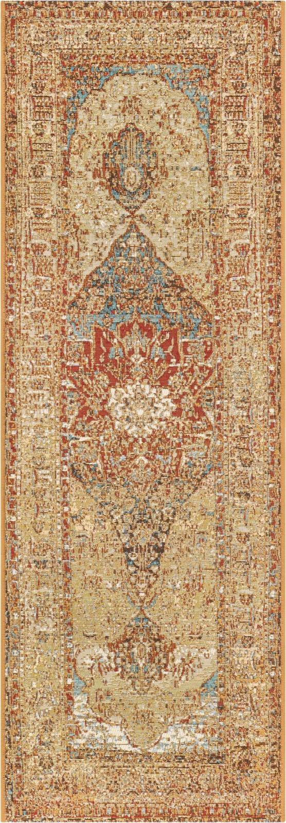 2' x 6' Lomax · Medallion Outdoor Rug, tan and light blue