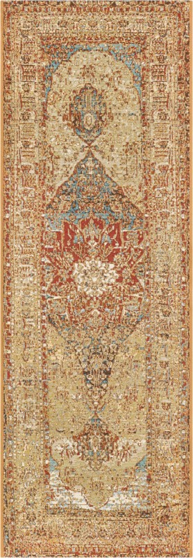 2' x 6' Lomax · Medallion Outdoor Rug, tan and light blue