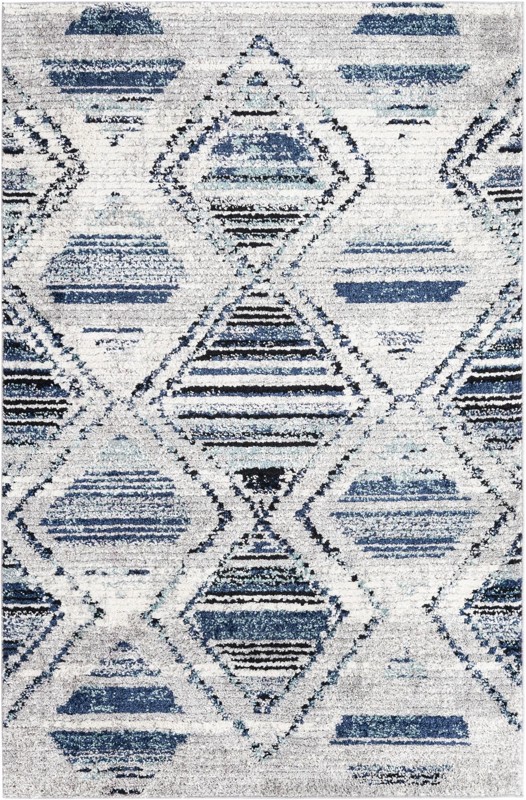 5' 3 x 8' Windmill · Geometric diamond rug, blue and ivory