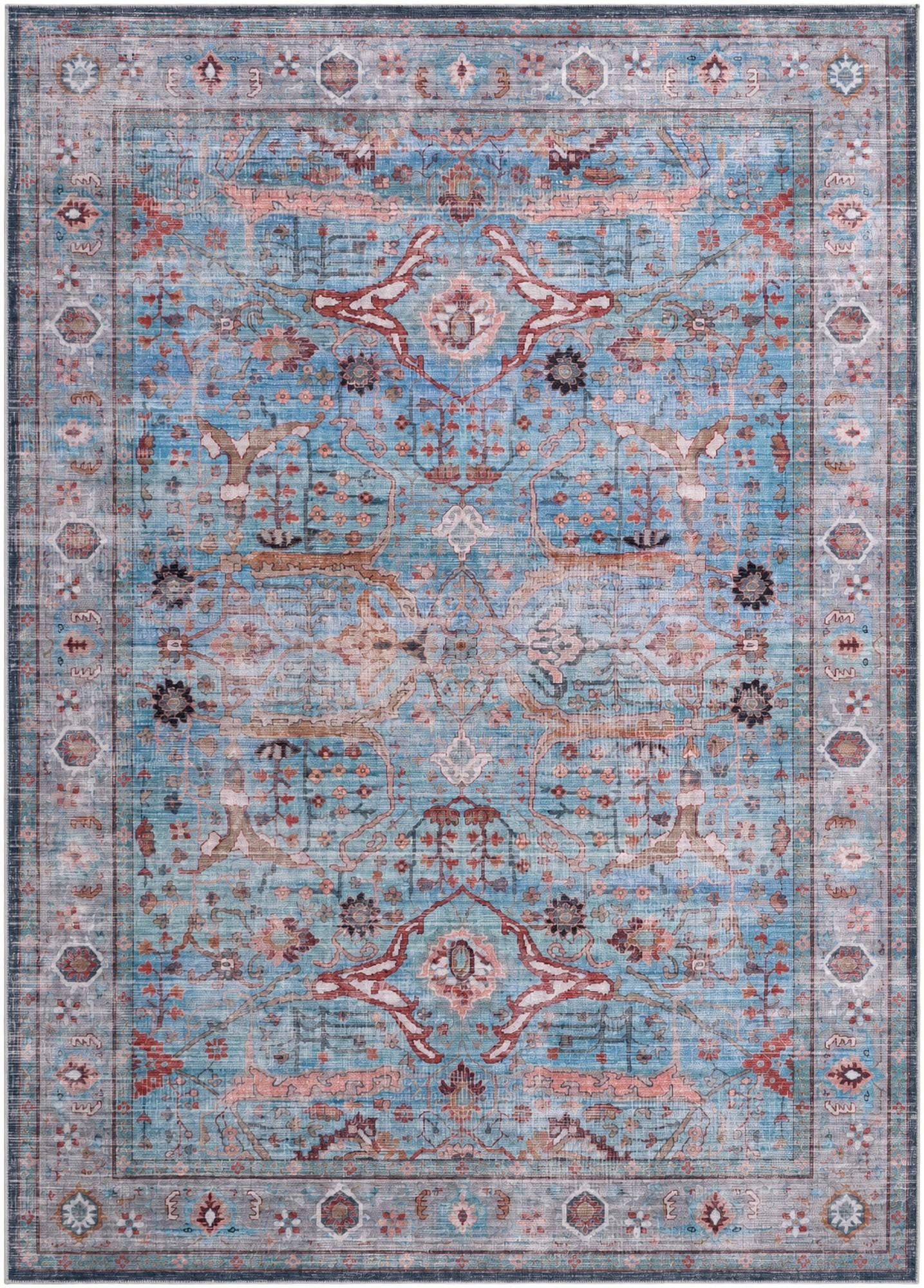 7' 10 x 11' Mayfield · Distressed floral rug, blue and rust